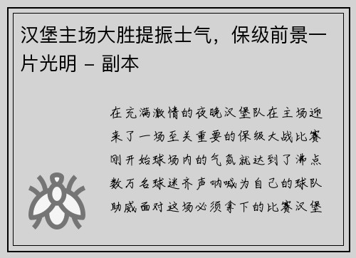 汉堡主场大胜提振士气，保级前景一片光明 - 副本